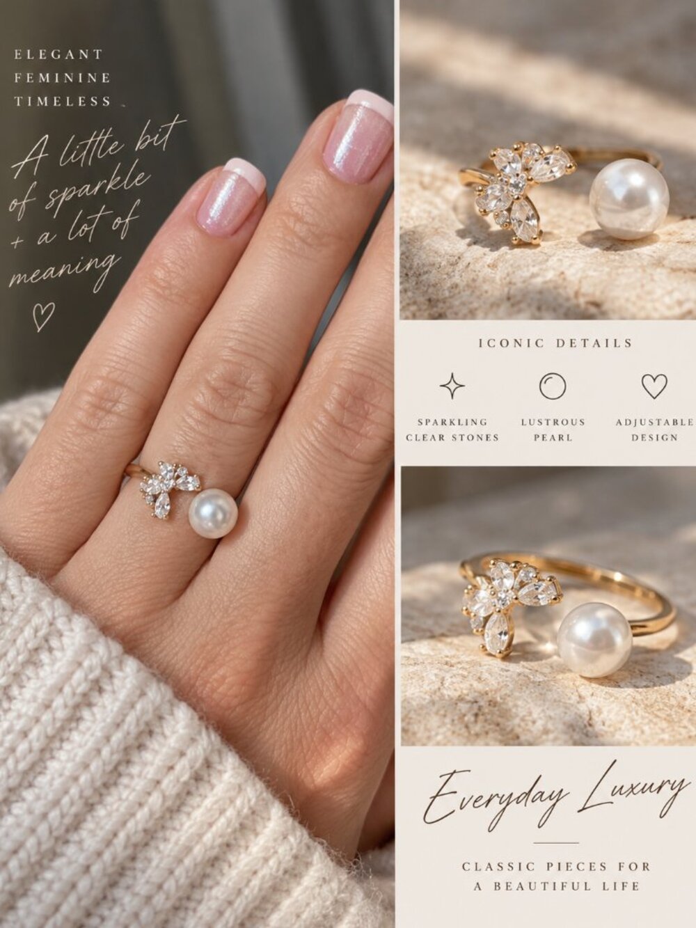 Genuine Pearl Ring with CZ Butterfly Gold Plated S295 Adjustable Size